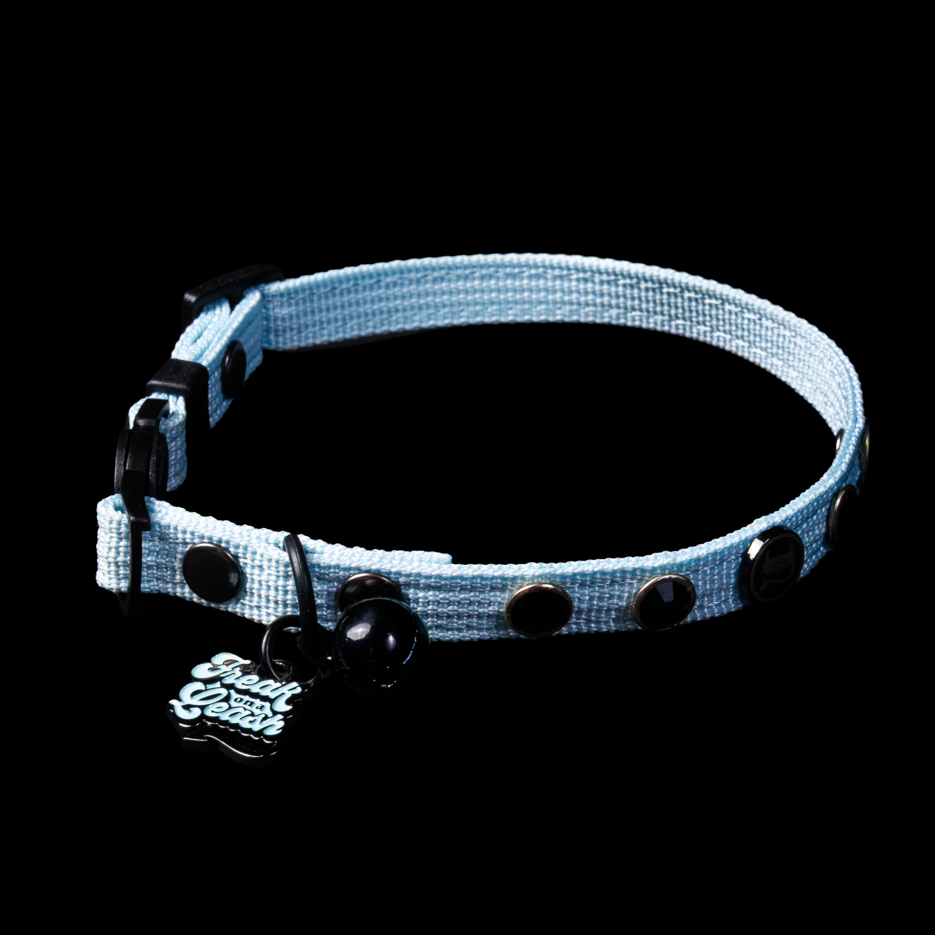 Freak On A Leash light blue nylon cat collar with black rhinestone accents and logo charm