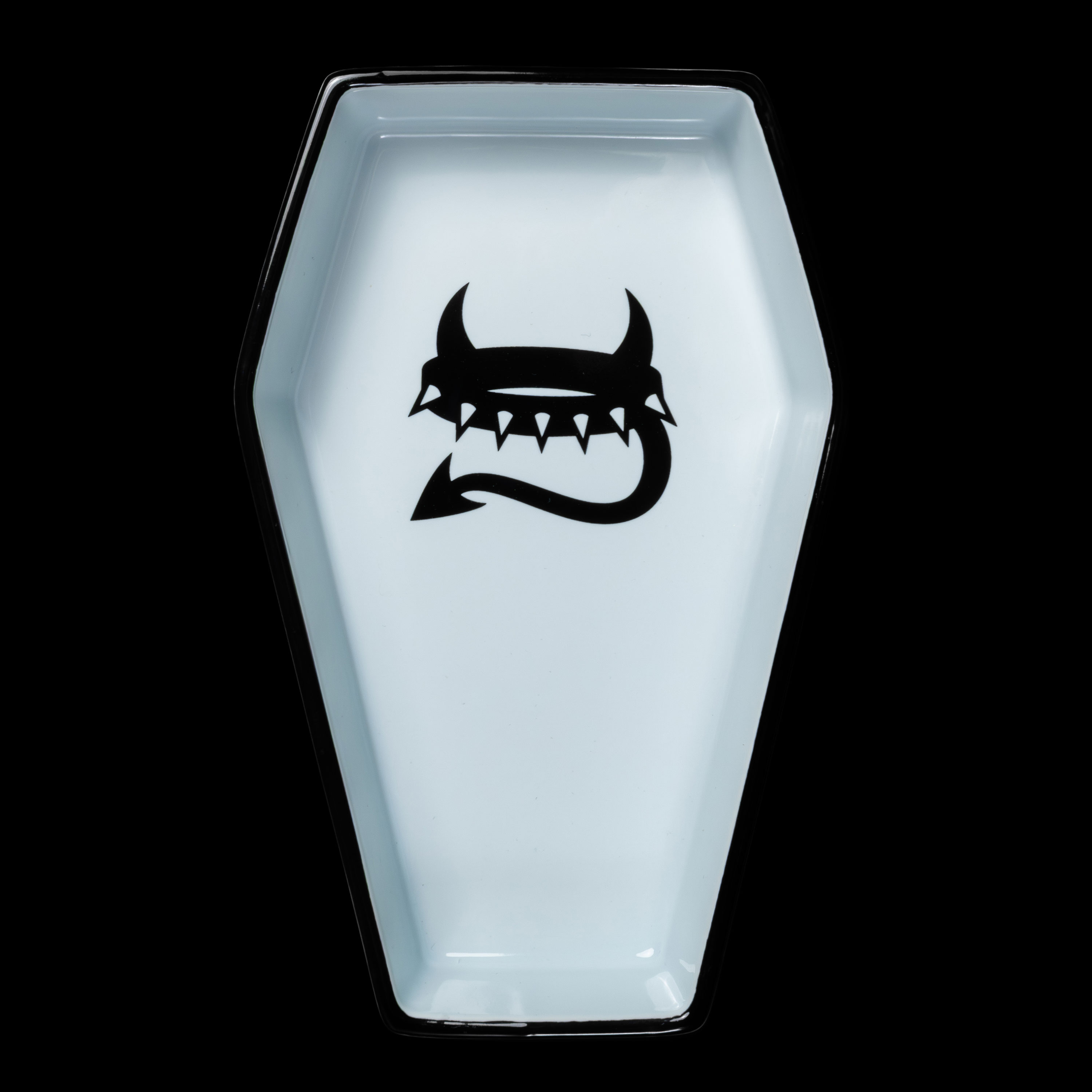 Light blue Freak On A Leash coffin-shaped ceramic cat bowl