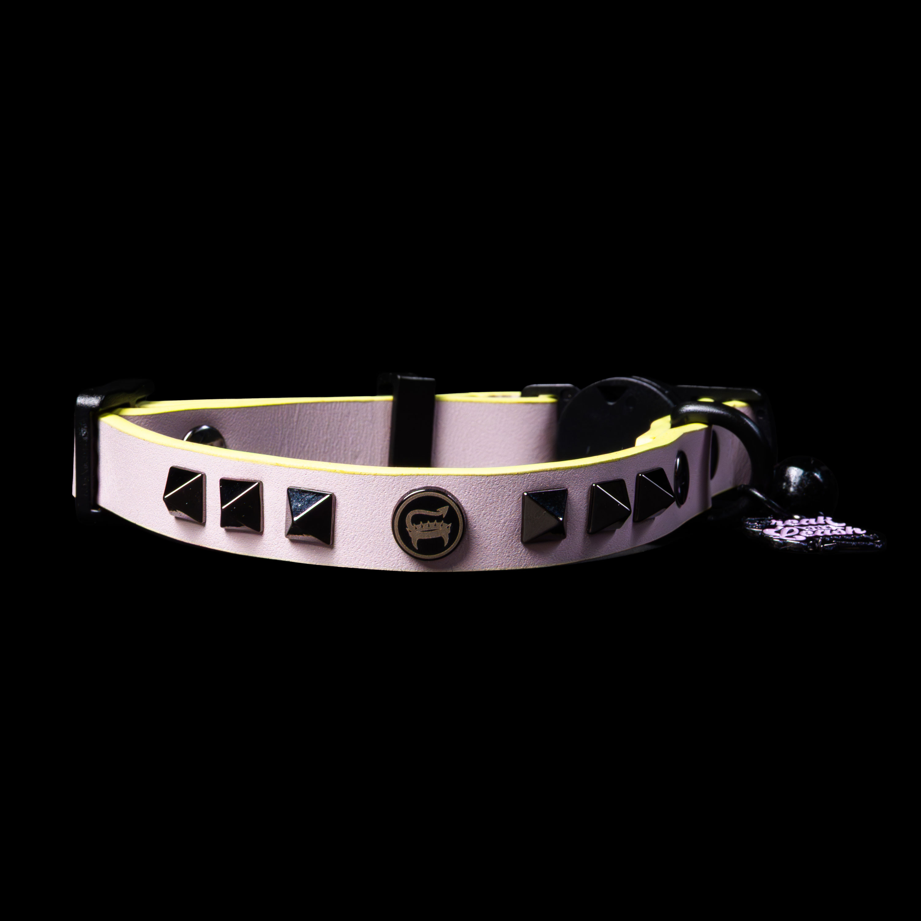 Freak On A Leash lilac leather cat collar with black pyramid studs and logo charm