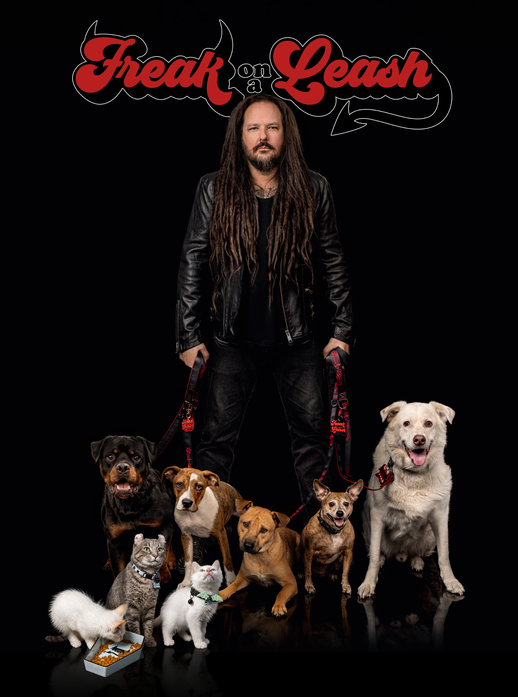 Jonathan Davis with dogs and cats for the Freak On A Leash pet accessories brand