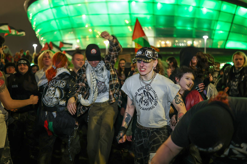 Pro-Palestinian campaigners protesting outside Glasgow's OVO Hydro ahead of Disturbed's concert on 28 October 2025